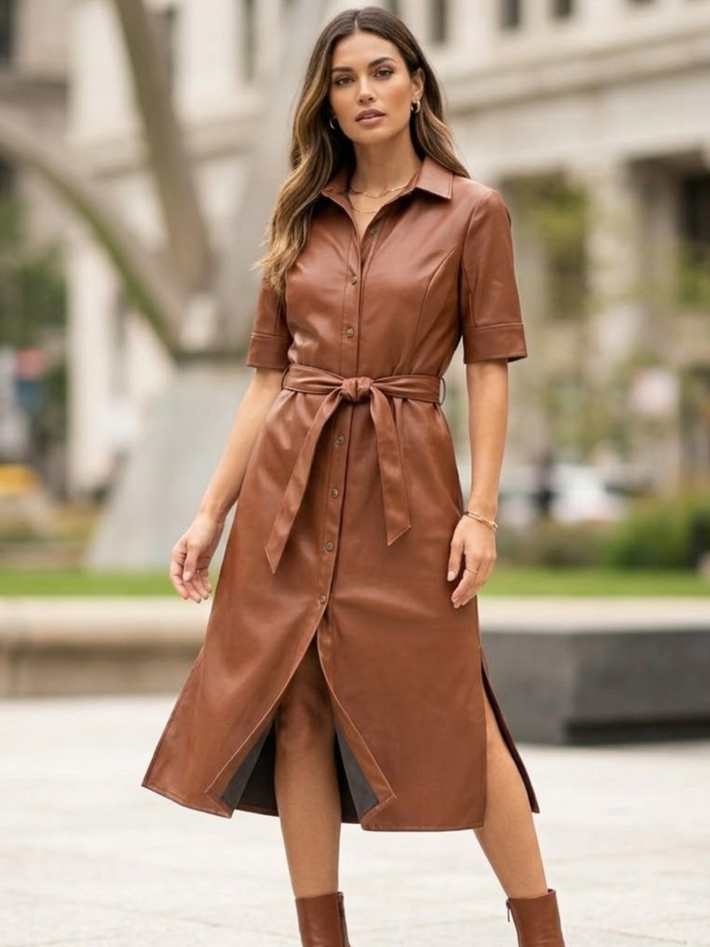 Ryegrass Cognac Brown Faux Leather Belted Shirt Dress Midi M